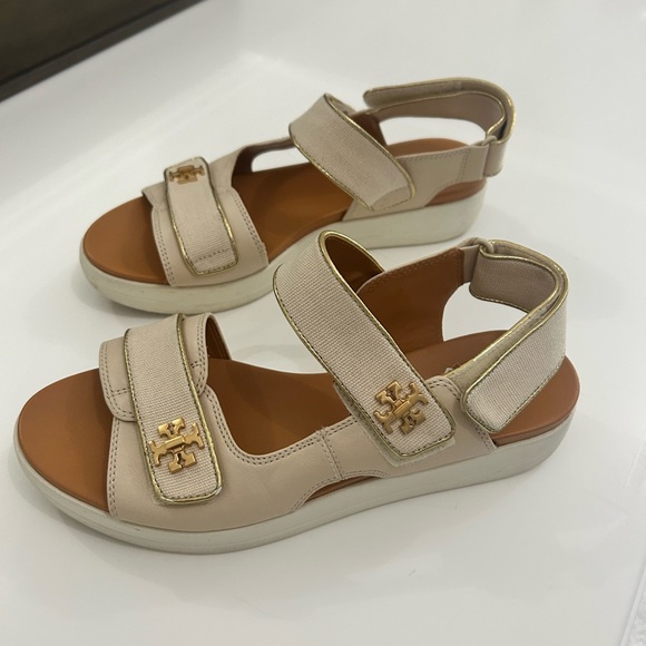 Tory Burch Kira Cream/Tan and Gold Strap Sandals